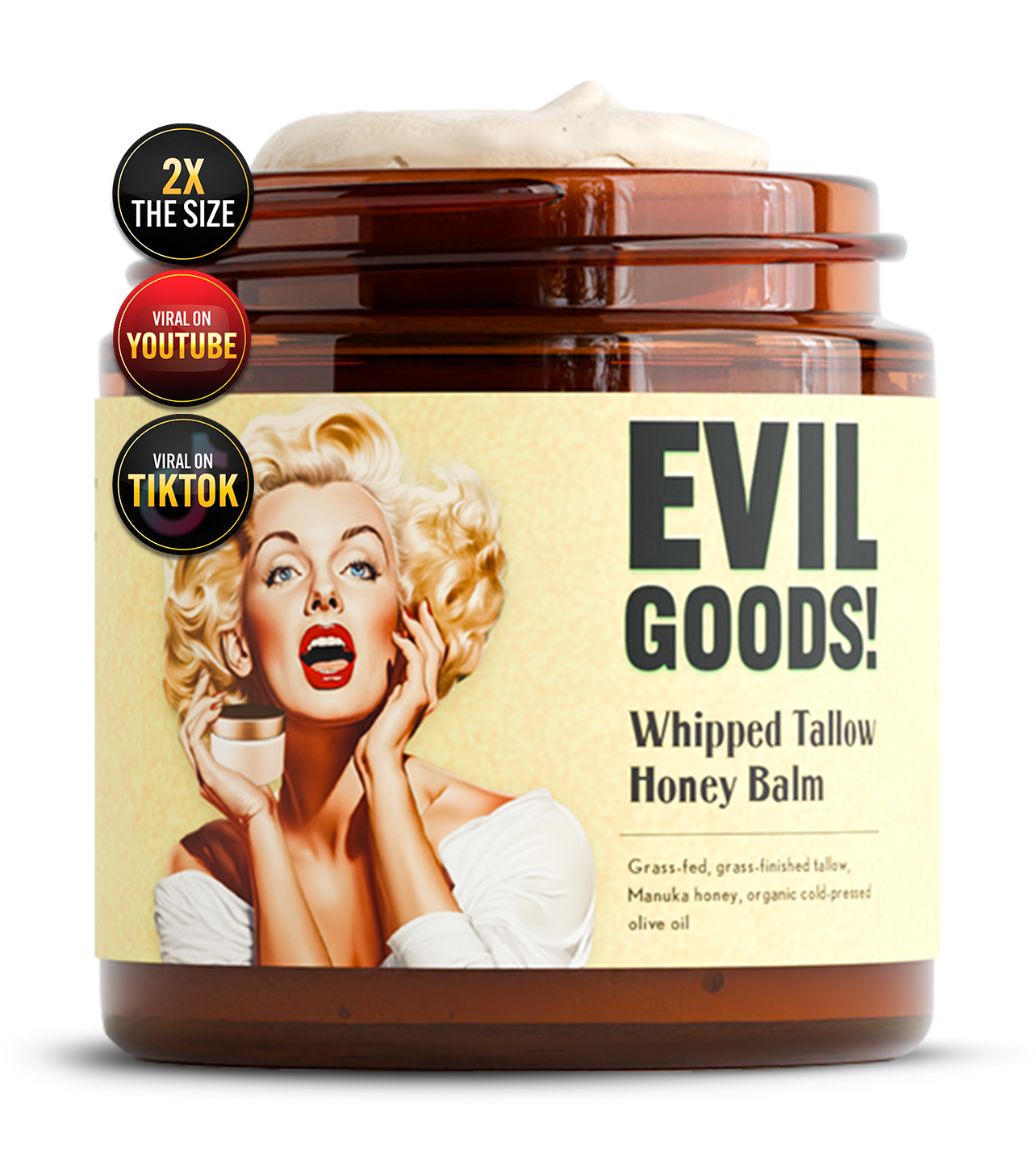 EVIL GOODS! Whipped Beef Tallow and Manuka Honey Balm 4oz, Organic Face Cream,Moisturizer,Body Lotion, SkinCare and Lip Balm