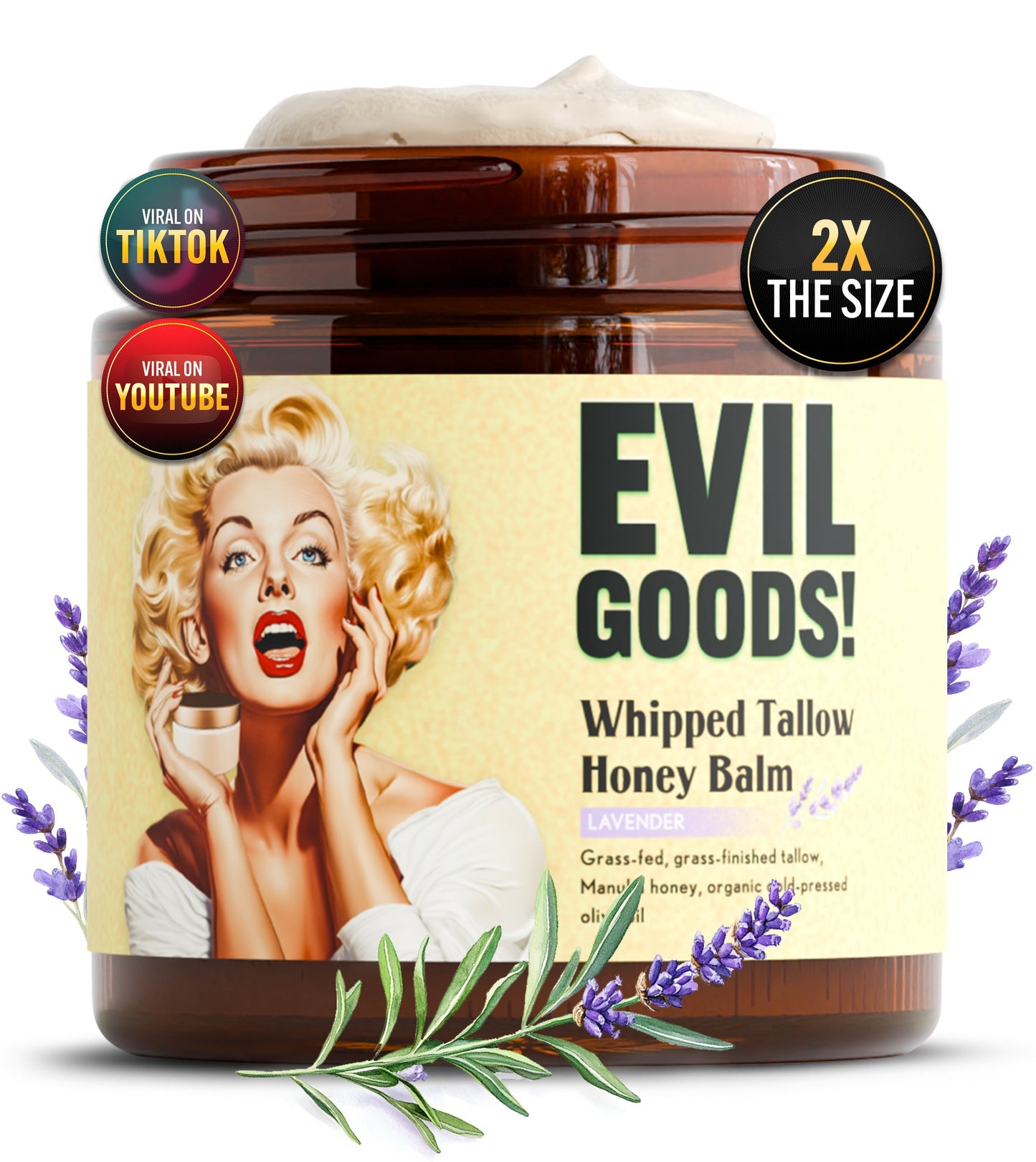 EVIL GOODS! Whipped Beef Tallow and Manuka Honey Balm 4oz, Organic Face Cream,Moisturizer,Body Lotion, SkinCare and Lip Balm